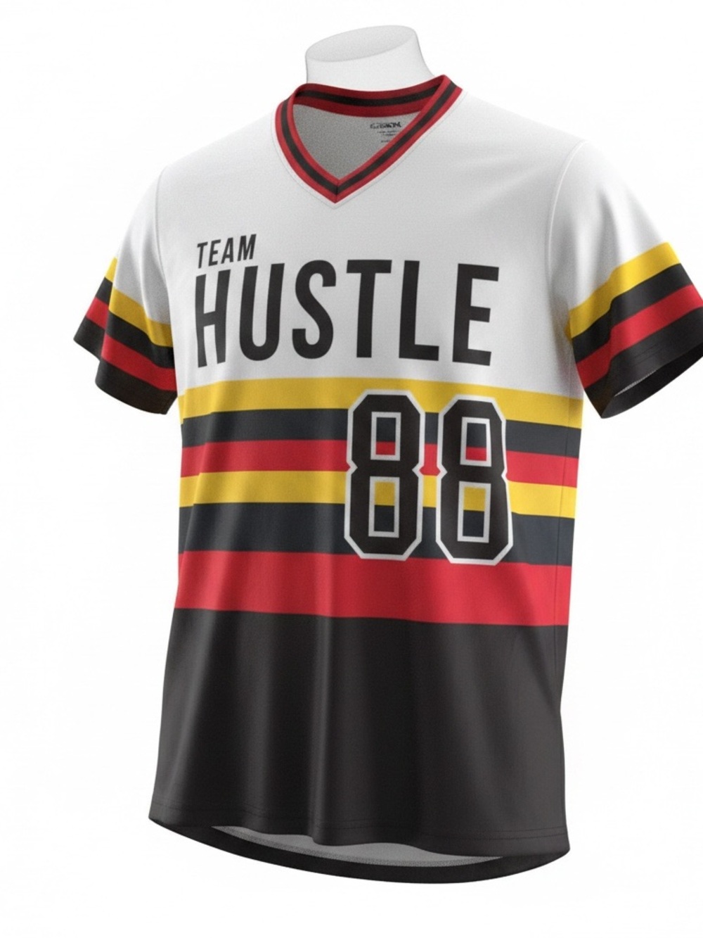 Carbon Team Hustle Men's White V-Neck Jersey with Black, Red & Yellow Stripes